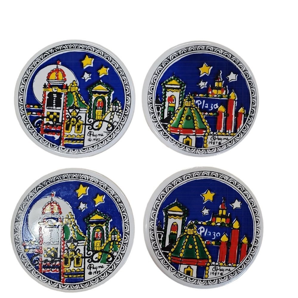 Ceramic Coasters (4) from Greece Knossos Ltd Plaza-Themed with‎ Cork Backing